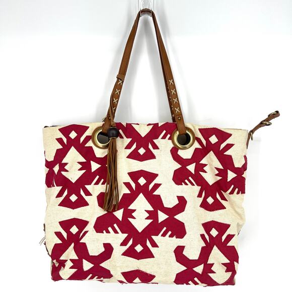 Lucky Brand Aztec Print Southwest Red and Cream Large Cotton Tote Shoulder Purse - Picture 1 of 12